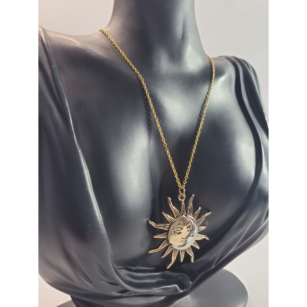Gold Silver Tone Sun Moon Pendant Necklace Celestial Two Tone Boho Jewelry - Picture 3 of 10